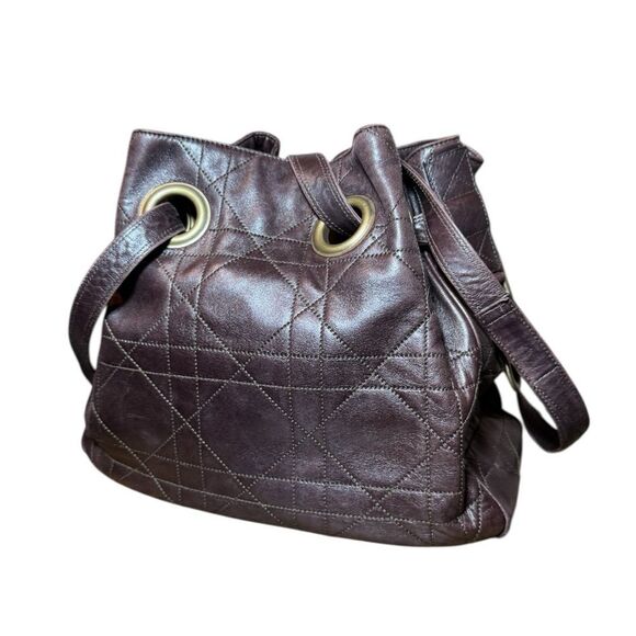 Christian Dior Brown Quilted Cannage Leather Small Hobo Bucket Shoulder Bag Auth - Picture 3 of 14